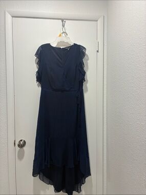 Navy Ruffle-Sleeve High-Low Wrap Dress